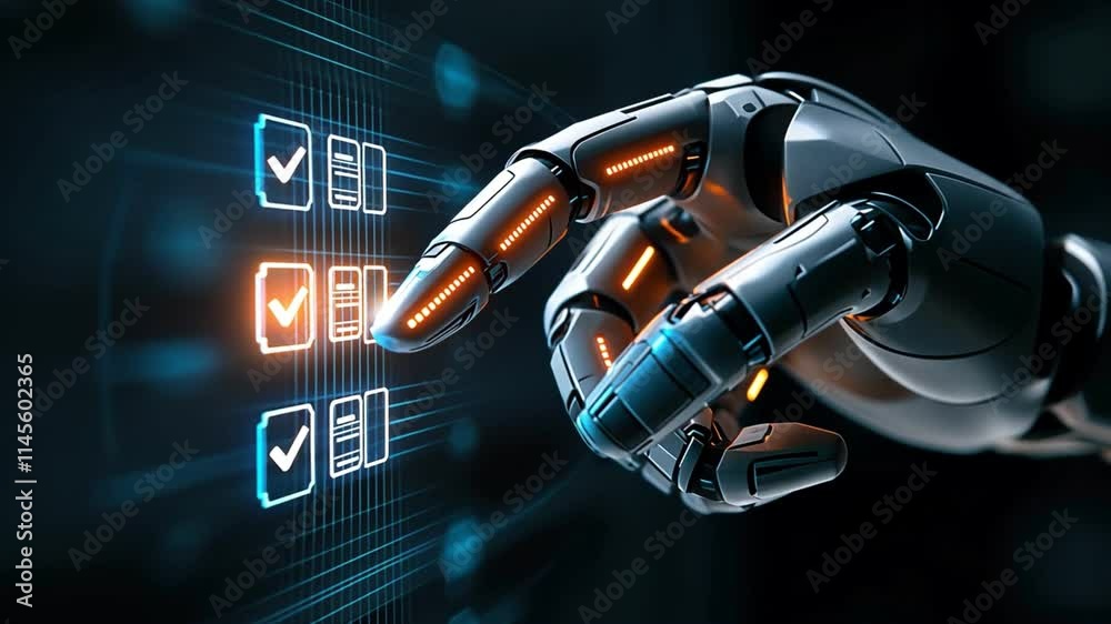 Futuristic robotic hand interacts with digital interface, technology concept.