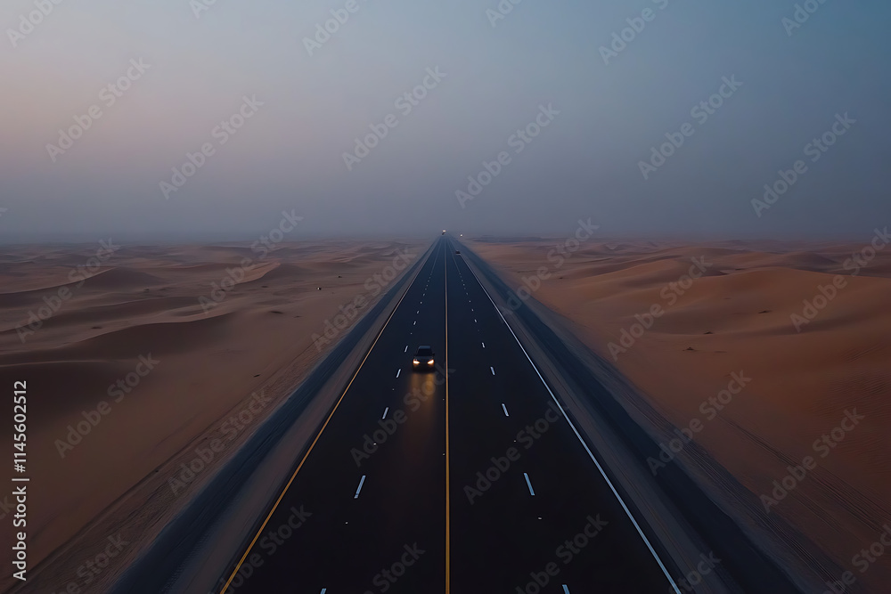 Fototapeta premium An empty highway stretching through a dark desert with a distant horizon.