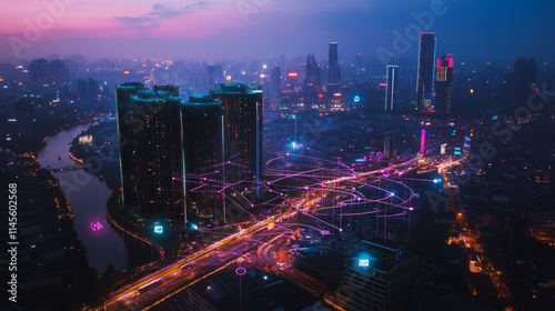 Wallpaper Mural Smart digital city with connection cyber security network reciprocity over the cityscape . future smart wireless digital city and social media networking systems that connects people within the city Torontodigital.ca