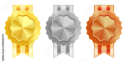 Shiny gold, silver, and bronze award medals with colorful ribbons. Medal of winners and achievements