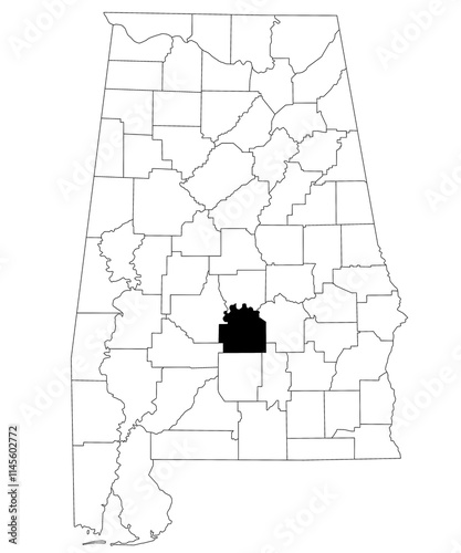 Map of Lowndes County in Alabama state on white backround. single County map highlighted by black color on Alabama map. UNITED STATES, US photo