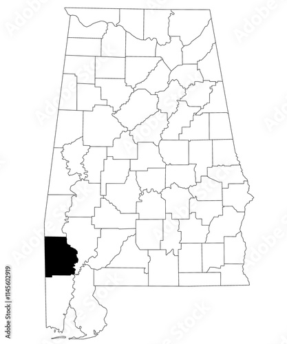 Map of Washington County in Alabama state on white backround. single County map highlighted by black color on Alabama map. UNITED STATES, US