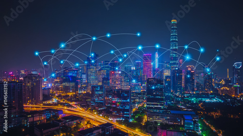 Wallpaper Mural Smart digital city with connection cyber security network reciprocity over the cityscape . future smart wireless digital city and social media networking systems that connects people within the city Torontodigital.ca