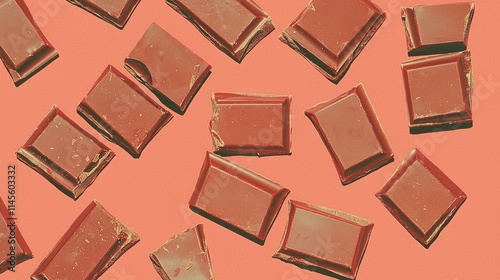 Scattered milk chocolate pieces on coral background.