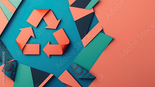 Net zero sustainability idea. Colorful recycling symbol made of paper cutouts on a vibrant background, promoting sustainability. photo