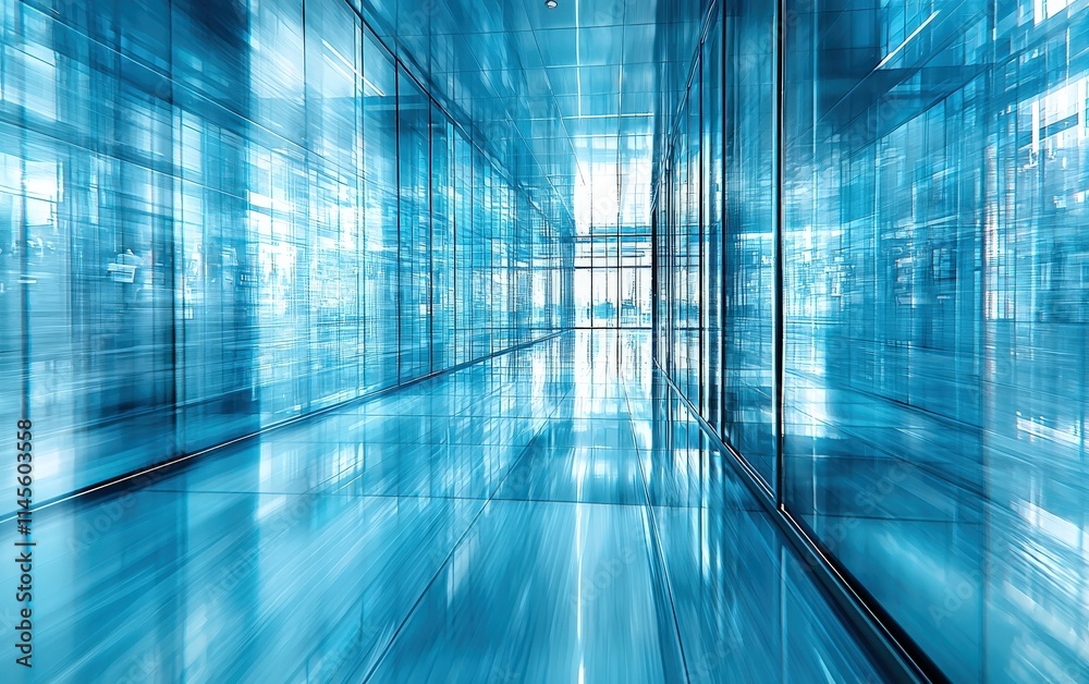 Modern glass corridor interior design, futuristic architecture, blue tones, speed motion blur effect. Clean lines, sleek, professional workspace. Modern glass corridor interior design, futuristic architecture, blue tones, speed motion blur effect. Clean lines, sleek, professional workspace.