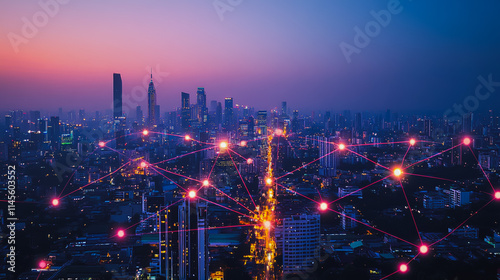 Wallpaper Mural Smart digital city with connection cyber security network reciprocity over the cityscape . future smart wireless digital city and social media networking systems that connects people within the city Torontodigital.ca