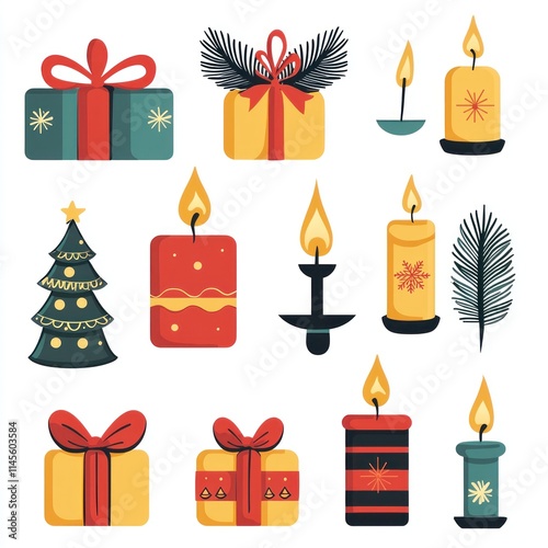 Festive Collection of Hand-Drawn Holiday Illustrations Featuring Gifts, Candles, and Christmas Tree Decorations in Vibrant Colors for Seasonal Design Projects