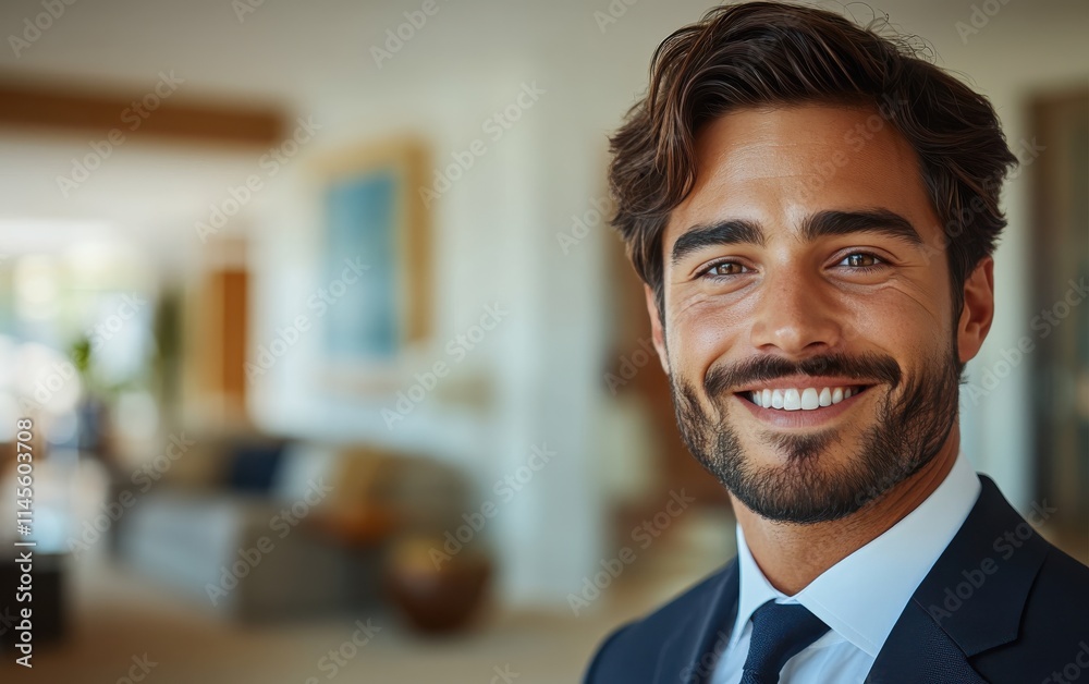 Confident businessman with a suit and a smile in a office background, He looking at the camera Confident businessman with a suit and a smile in a office background, He looking at the camera