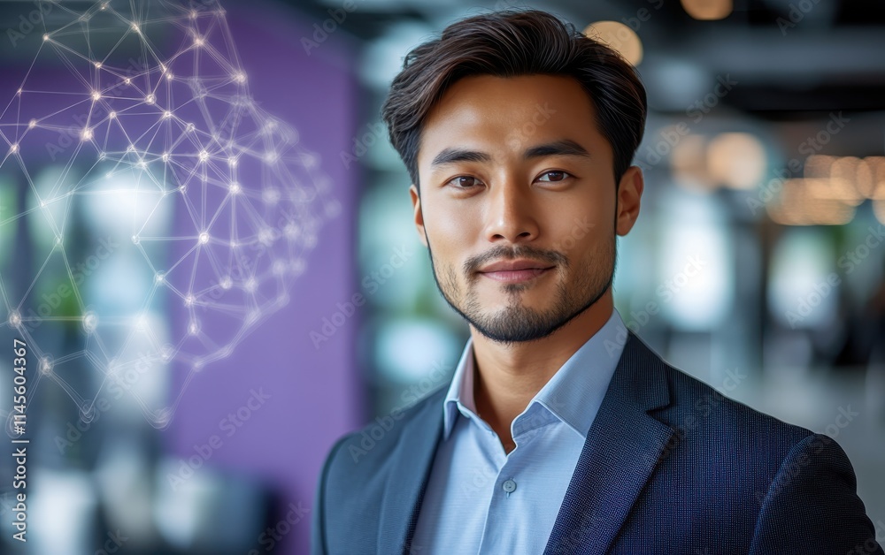 Asian man with a smile on his face is wearing a suit and a shirt in studio office background Asian man with a smile on his face is wearing a suit and a shirt in studio office background