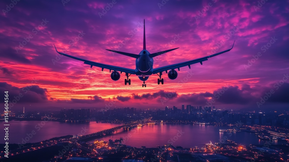 Airplane is flying in colorful sky over city at sunset. Landscape with passenger airplane, skyline, purple sky with red and pink clouds at dusk. Aircraft is landing at twilight. Aerial view of plane Airplane is flying in colorful sky over city at sunset. Landscape with passenger airplane, skyline, purple sky with red and pink clouds at dusk. Aircraft is landing at twilight. Aerial view of plane