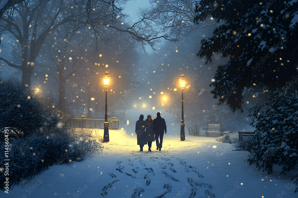 Naklejka premium Love's Winter Journey: Romantic Walks in Snowy Parks Hand in Hand