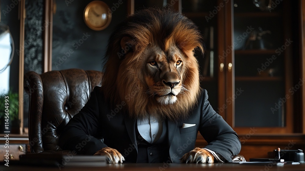 Majestic Lion in Formal Business Suit Sitting at Luxurious CEO s Office Desk Conveying Authority Power and Professionalism in the Corporate World Majestic Lion in Formal Business Suit Sitting at Luxurious CEO s Office Desk Conveying Authority Power and Professionalism in the Corporate World