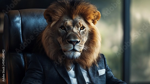 A majestic lion wearing a formal business suit and tie is seated confidently in an opulent CEO s office exuding a powerful and commanding presence  The image represents the idea of animal leadership