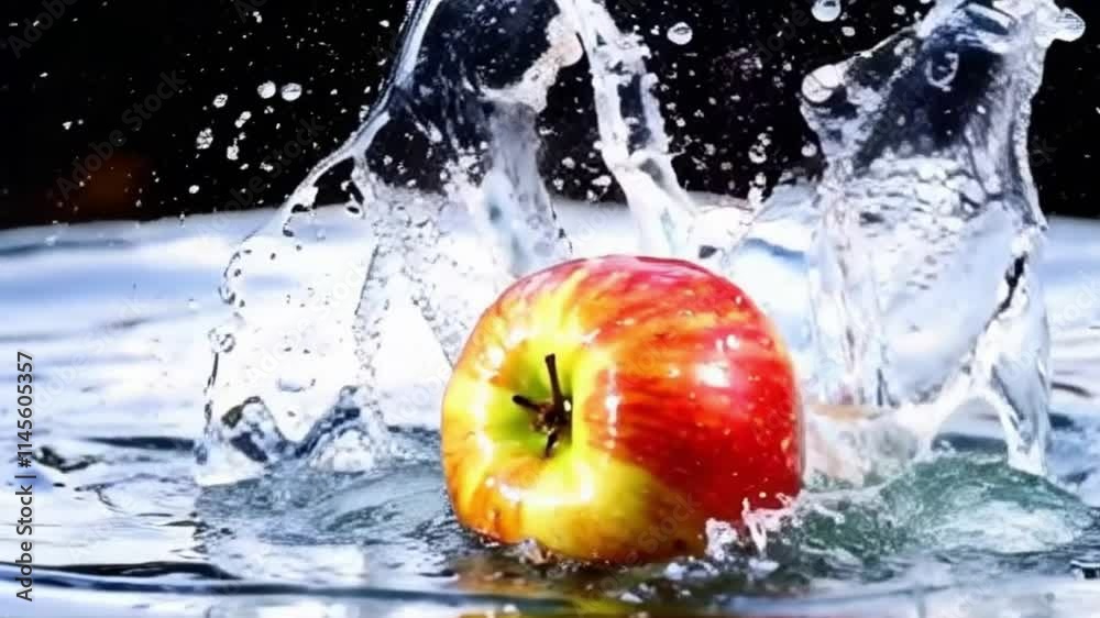 An apple bursting open on water sending juice and droplets flying with intense color and motion or a dynamic apple splash