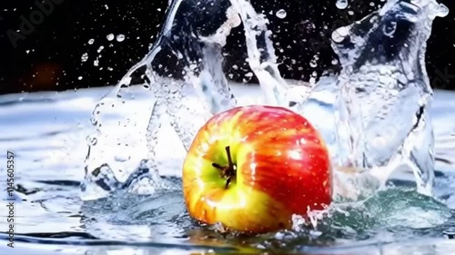 An apple bursting open on water sending juice and droplets flying with intense color and motion or a dynamic apple splash