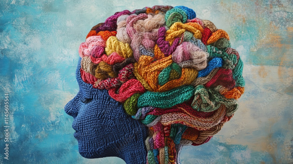 Obraz premium Knitting brain collage representing emotional growth, mental health, and psychology.