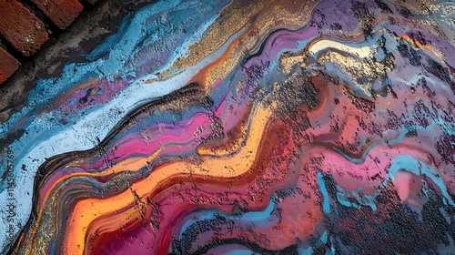 Vibrant colorful oil spill patterns on pavement urban setting abstract photography close-up view