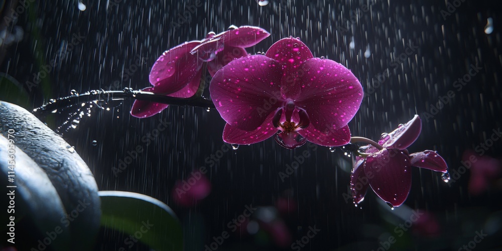 Fototapeta premium Orchid Rain Dark Purple Flower in Drops High Resolution Nature Photography