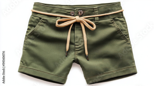 Stylish green shorts with a drawstring for summer activities. photo