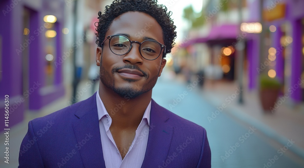 Fototapeta premium Confident man in stylish suit smiles warmly while standing in a vibrant shopping mall during daylight