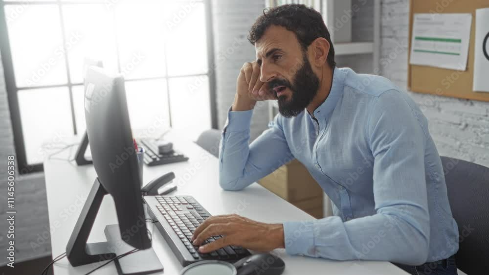 Young man working on desktop computer in an indoor office room, appears tired and bored in a workspace setting with daylight from a large window and a noticeboard in the background