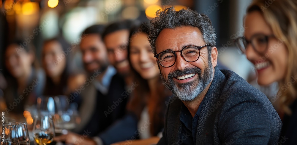 Smiling man enjoys engaging conversation during an international conference with attentive audience in the background Smiling man enjoys engaging conversation during an international conference with attentive audience in the background