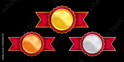 Shiny gold, silver, and bronze award medals with colorful ribbons. Medal of winners and achievements