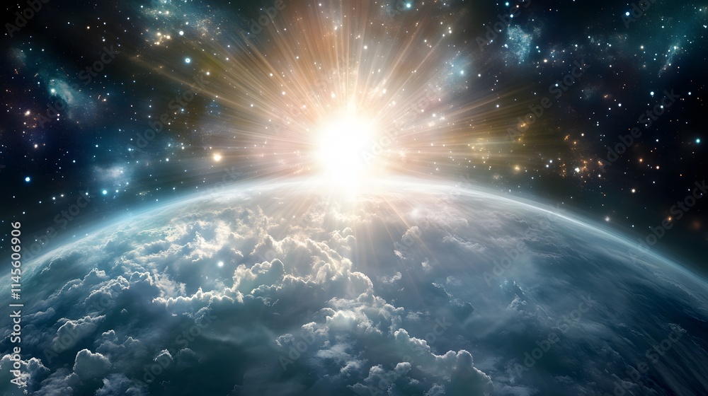 Fototapeta premium Celestial sunrise over earth space digital art cosmic environment aerial view astronomical wonder