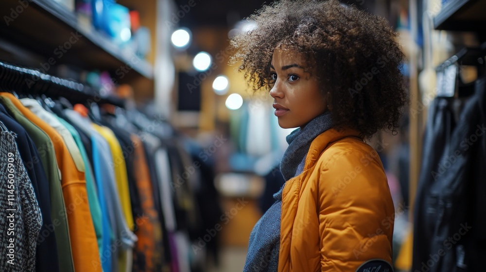 Woman with curly hair shopping for clothes in a store.