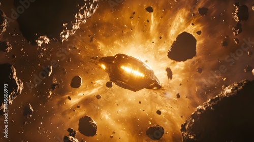 Explosive asteroid collision with spacecraft outer space digital art cosmic environment aerial view science fiction concept photo