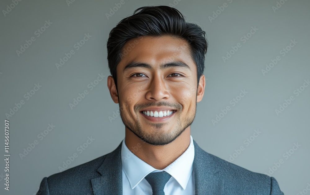 Asian man with a smile on his face is wearing a suit and a shirt in studio color background Asian man with a smile on his face is wearing a suit and a shirt in studio color background