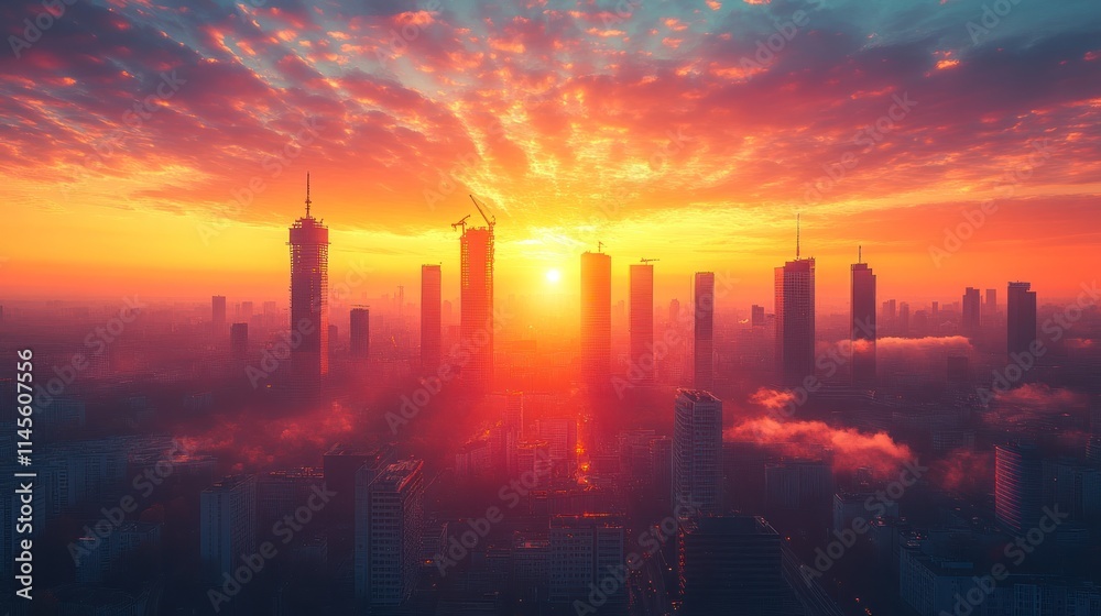 Fototapeta premium Sunset over a city skyline with dramatic clouds.