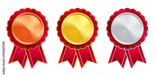 Shiny gold, silver, and bronze award medals with colorful ribbons. Medal of winners and achievements