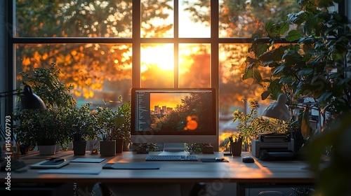 Sunset view workspace with computer and plants