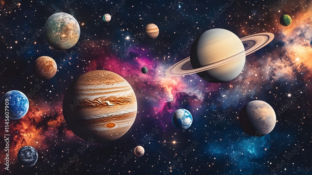 Exploring celestial wonders planets and moons of the solar system digital art cosmic environment wide-angle view Exploring celestial wonders planets and moons of the solar system digital art cosmic environment wide-angle view