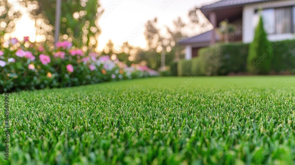 Lush green artificial turf lawn in front of a house. Lush green artificial turf lawn in front of a house.
