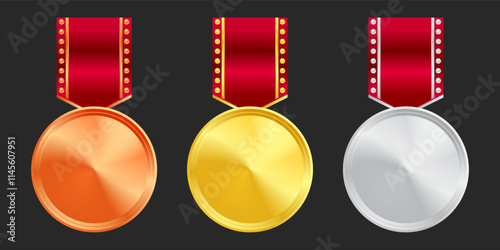 Shiny gold, silver, and bronze award medals with colorful ribbons. Medal of winners and achievements