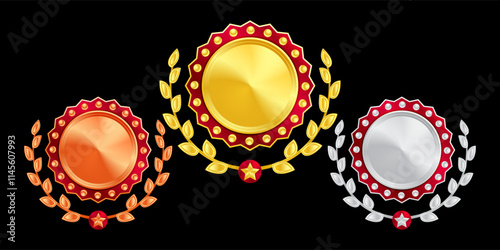Shiny gold, silver, and bronze award medals with colorful ribbons. Medal of winners and achievements