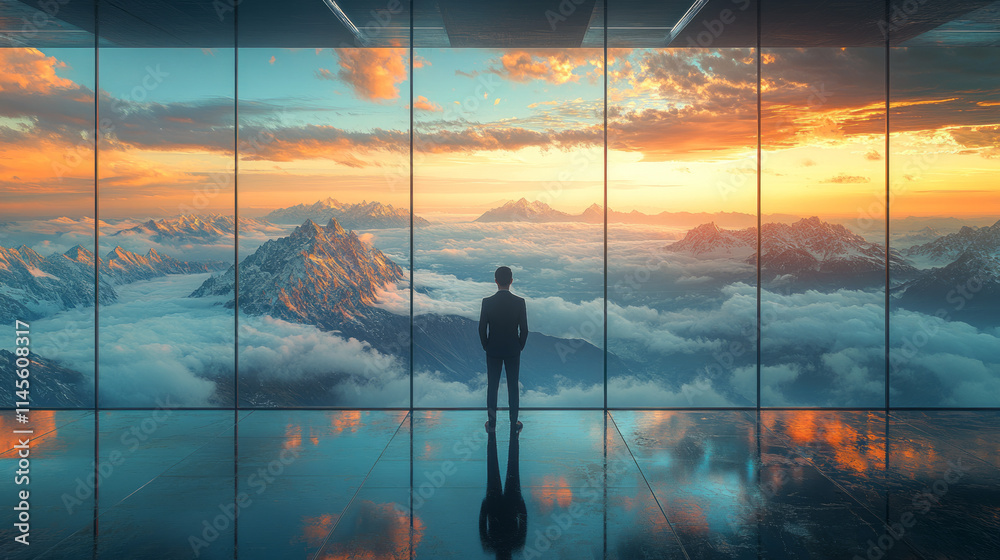 Seamless, single-pane floor-to-ceiling glass window showing a breathtaking panoramic view of mountains above the clouds. A confident Asian individual in a tailored suit stands in the foreground.