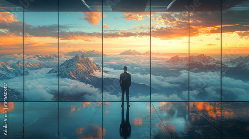 Obraz na płótnie Seamless, single-pane floor-to-ceiling glass window showing a breathtaking panoramic view of mountains above the clouds. A confident Asian individual in a tailored suit stands in the foreground. w salonie
