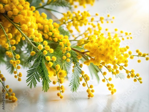 Surreal Spring Mimosa Photography: Yellow Flowers, White Background, Floral Pattern