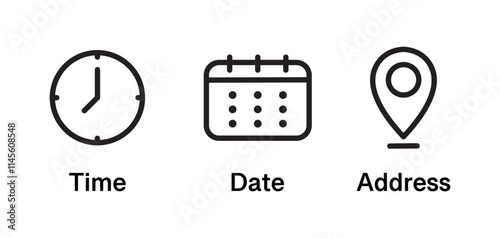Time, date, location, address icon set symbol. Event elements, contact information, clock, pin map location, and calendar sign. Vector illustration