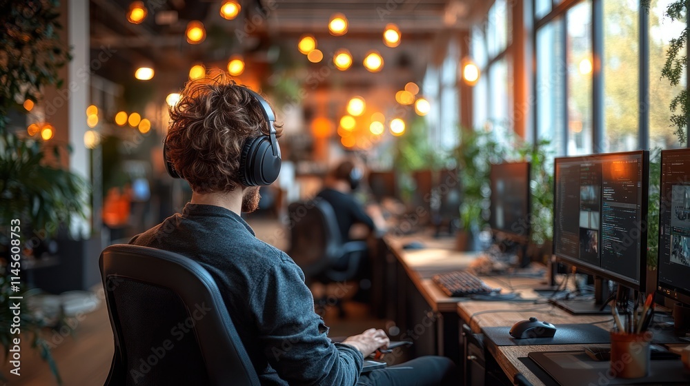 Person working in a modern office with computers. Person working in a modern office with computers.