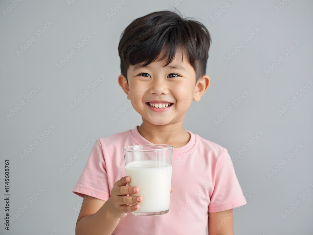 Portrait of a little young handsome kid boy in pink t-shirt, Concept of happy good nutrition, Holding a glass of milk on grey background, Smiling of Asian boy with a glass of milk. Portrait of a little young handsome kid boy in pink t-shirt, Concept of happy good nutrition, Holding a glass of milk on grey background, Smiling of Asian boy with a glass of milk.