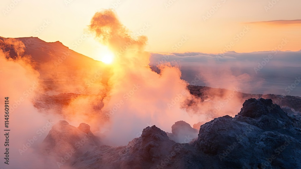 Macro natural idea. Breathtaking volcanic landscape with sunrise and steam rising over rugged rocks. Macro natural idea. Breathtaking volcanic landscape with sunrise and steam rising over rugged rocks.