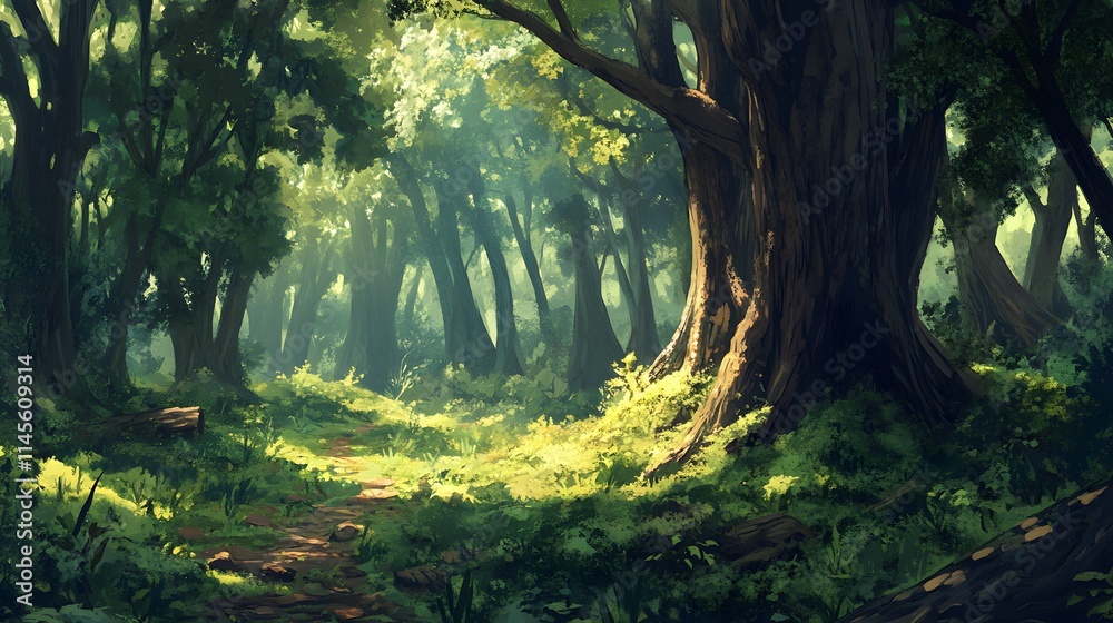 Naklejka premium Exploring a tranquil forest trail nature scene lush environment serene viewpoint outdoor adventure