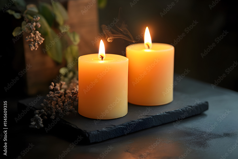 Two candles are lit on a black table. The candles are yellow and are surrounded by green leaves Two candles are lit on a black table. The candles are yellow and are surrounded by green leaves