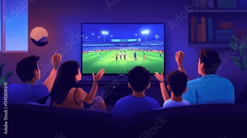 Side view shot of Group of family member shouting as India to support Indian Cricket Team while watching on tv at home - concept of Energetic fans, Cheering Family and Team Spirit.