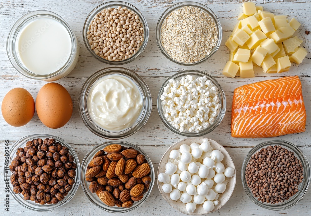 High-protein foods arranged in bowls on a rustic white wooden background. Perfect for health, nutrition, or dietary articles. High-protein foods arranged in bowls on a rustic white wooden background. Perfect for health, nutrition, or dietary articles.